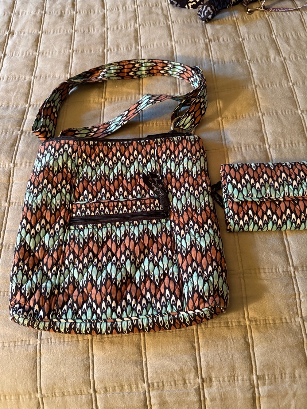 Quilted Crossbody Bag in Brown & Mint Pattern